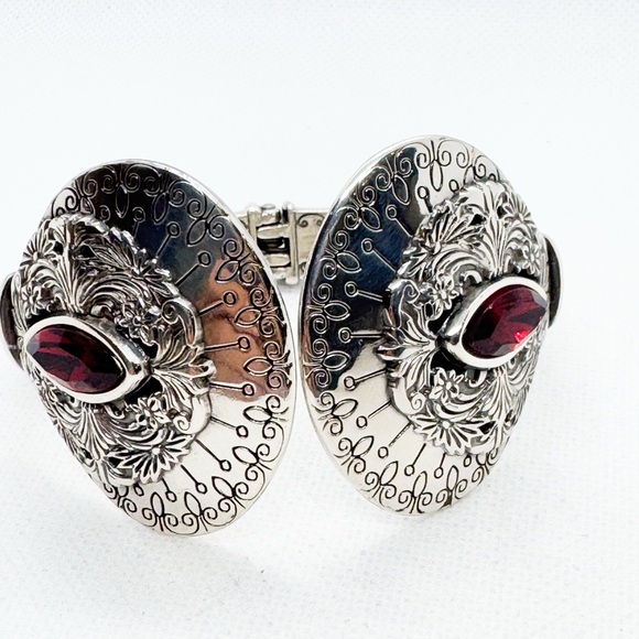 Brighton Jewelry - Brighton Rouge Lace Bracelet Silver Plate Open Cuff Hinged Red Navette Crystals